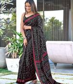 Black printed cotton saree with blouse piece