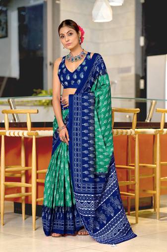 Green printed cotton saree with blouse piece