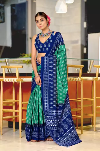 Green printed cotton saree with blouse piece