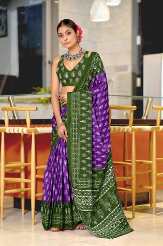 Purple printed cotton saree with blouse piece