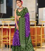 Purple printed cotton saree with blouse piece