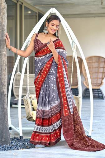 Grey printed cotton saree with blouse piece
