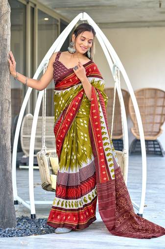 Green printed cotton saree with blouse piece
