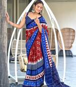 Brown printed cotton saree with blouse piece