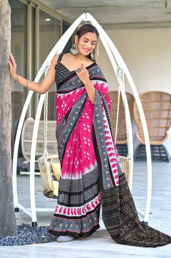 Pink printed cotton saree with blouse piece