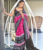 Pink printed cotton saree with blouse piece