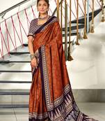 Rust printed cotton saree with blouse piece