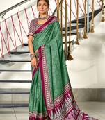Sea green printed cotton saree with blouse piece