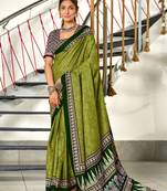 Green printed cotton saree with blouse piece