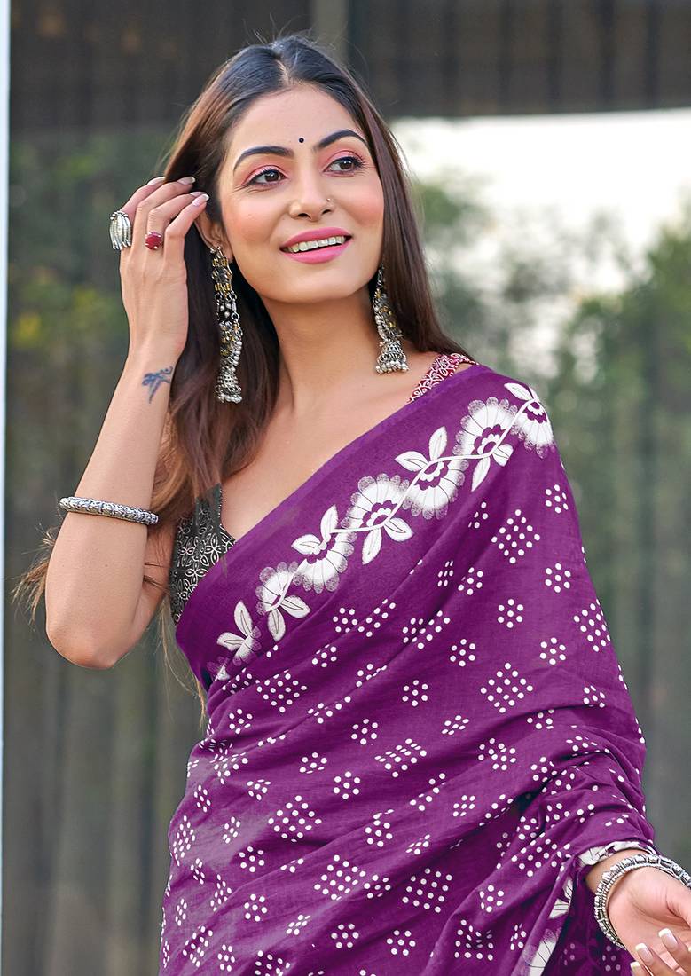 Wine printed cotton saree with blouse piece