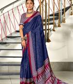 Blue printed cotton saree with blouse piece