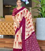 Wine printed cotton saree with blouse piece