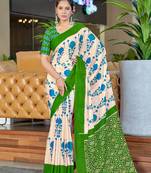 Parrot green printed cotton saree with blouse piece
