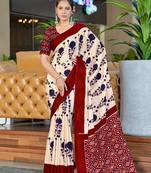 Red printed cotton saree with blouse piece