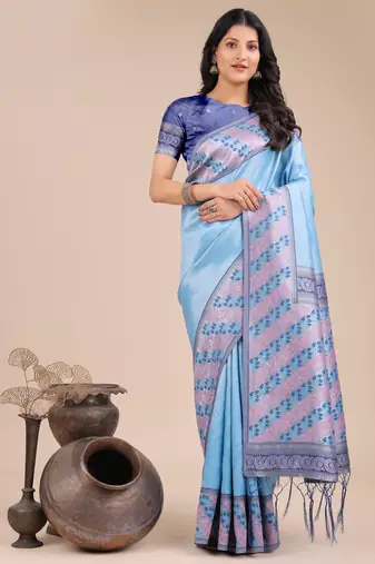 sky blue Silk blend woven zari work tassel saree