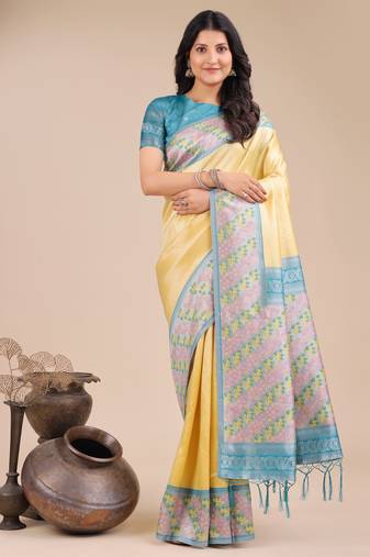yellow Silk blend woven zari work tassel saree