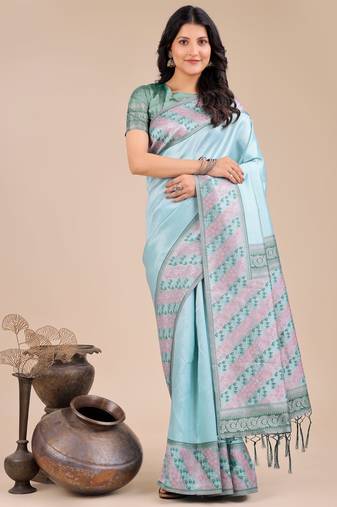 teal Silk blend woven zari work tassel saree