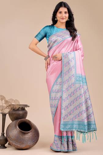 light pink Silk blend woven zari work tassel saree