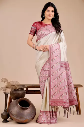 cream Silk blend woven zari work tassel saree