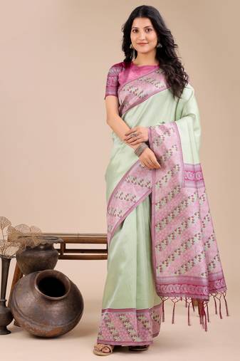 light green Silk blend woven zari work tassel saree