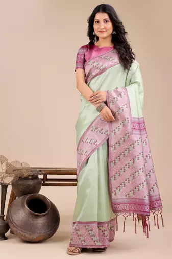 light green Silk blend woven zari work tassel saree