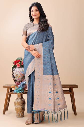 blue lichi Silk blend woven zari work tassel saree