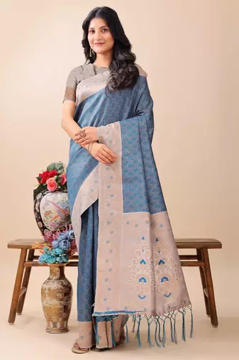 blue lichi Silk blend woven zari work tassel saree