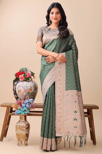 green lichi Silk blend woven zari work tassel saree