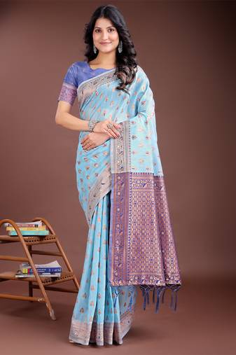 sky blue linen cotton woven zari work tassel saree