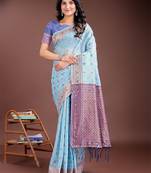 sky blue linen cotton woven zari work tassel saree