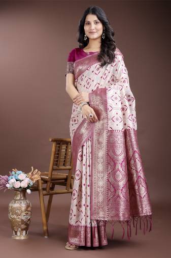 pink linen cotton woven zari work tassel saree