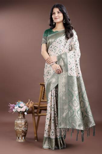 green linen cotton woven zari work tassel saree