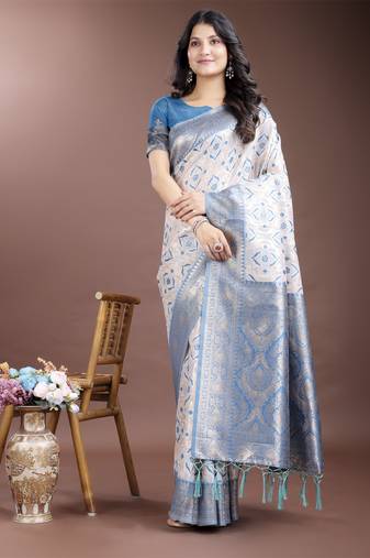 sky blue linen cotton woven zari work tassel saree