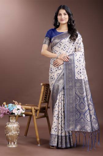 navy blue linen cotton woven zari work tassel saree