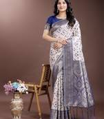 navy blue linen cotton woven zari work tassel saree