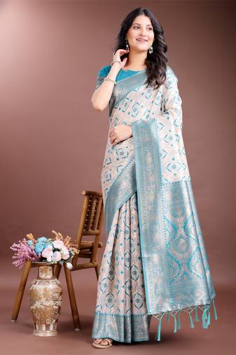 sea green linen cotton woven zari work tassel saree