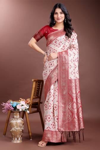 red linen cotton woven zari work tassel saree