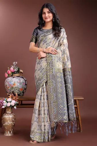 grey linen cotton woven zari work tassel saree