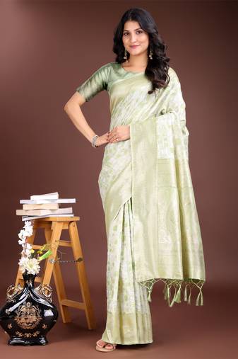 light green linen cotton woven zari work tassel saree