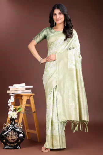 light green linen cotton woven zari work tassel saree