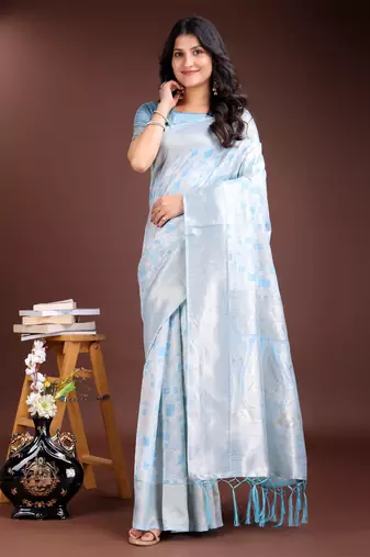 sky blue linen cotton woven zari work tassel saree