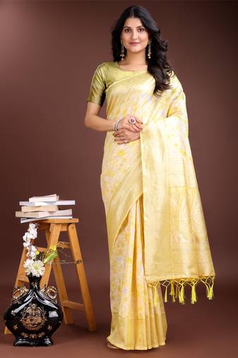 yellow linen cotton woven zari work tassel saree