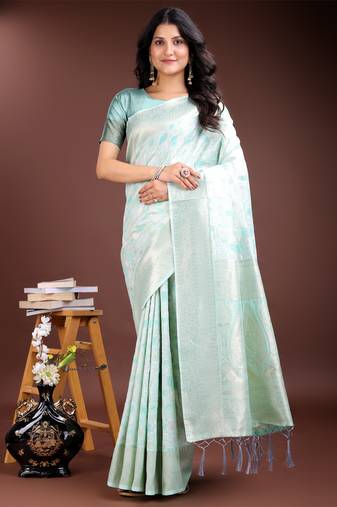 sea green linen cotton woven zari work tassel saree