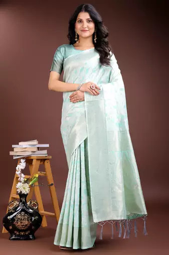 sea green linen cotton woven zari work tassel saree