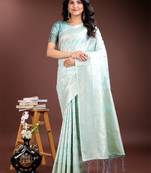 sea green linen cotton woven zari work tassel saree