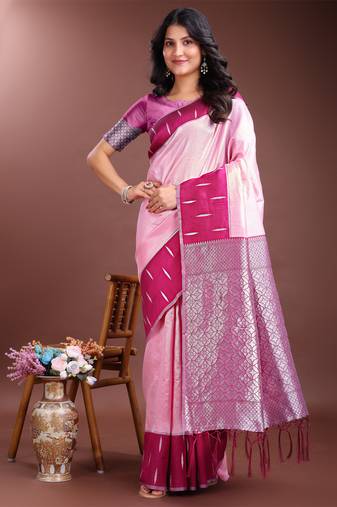 pink lichi Silk blend woven zari work tassel saree