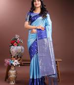 sky blue lichi Silk blend woven zari work tassel saree
