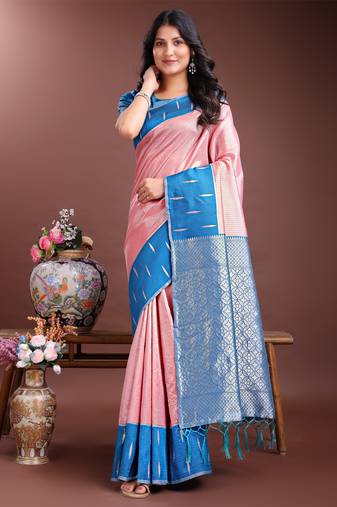 peach lichi Silk blend woven zari work tassel saree