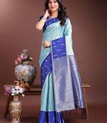 sea green lichi Silk blend woven zari work tassel saree