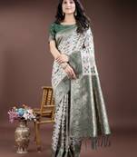 green linen cotton woven zari work tassel saree